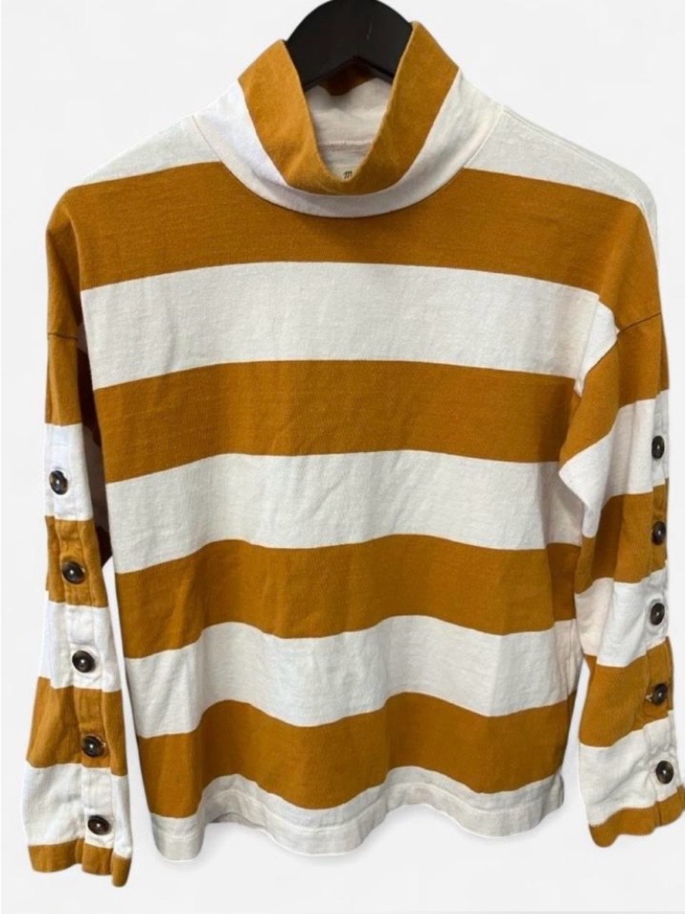 Madewell Funnel Neck Striped Button-Sleeve Sweater Mustard & White Size XS